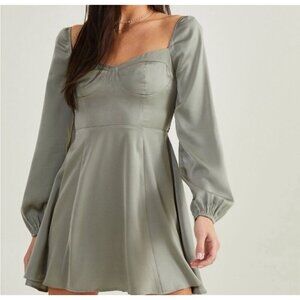 Altar'd State Jordan Satin Long Sleeve Mini Dress Sage Green Fairy Cottage NEW S